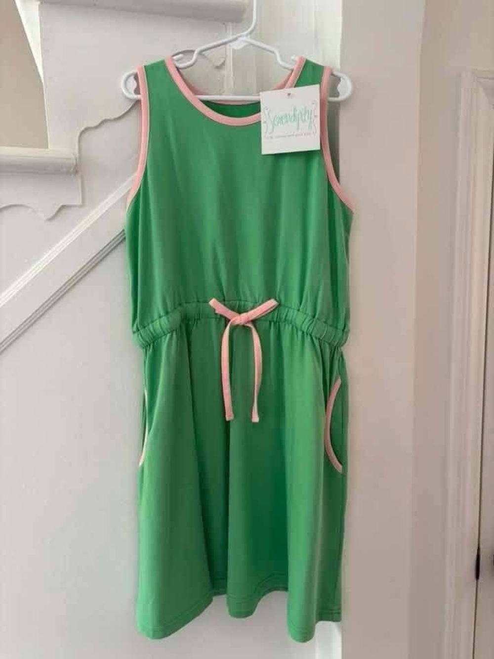 Serendipity Girls' Green Sleeveless Casual Dress with Pink Trim
